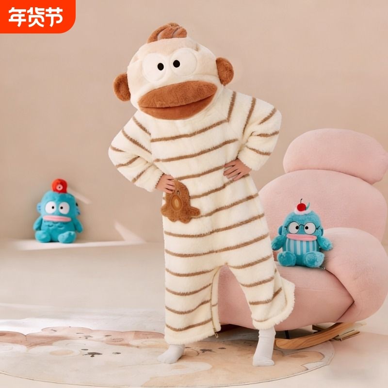 新款丑鱼儿童可爱搞怪连体睡衣男女亲子秋冬加厚珊瑚绒卡通家居服