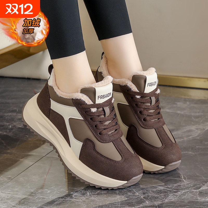 啄木鸟老爹鞋女2025新款爆款冬季加绒女鞋百搭厚底秋冬休闲运动二