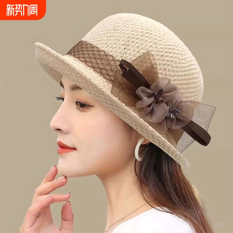 时尚英伦花朵礼帽女夏季遮阳防晒帽子法式卷边太阳帽网纱盆帽优雅