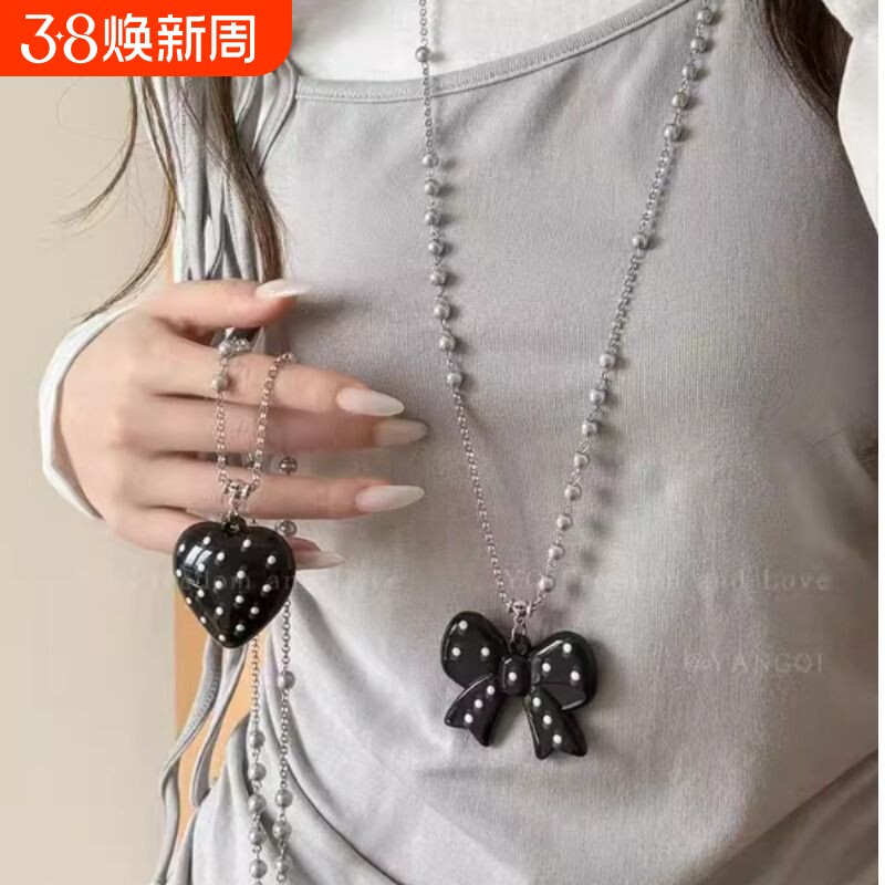韩系波点蝴蝶结珍珠项链女款简约气质长款吊坠毛衣链小众设计配饰
