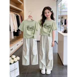 女童夏套装2026夏季儿童t恤女工装裤子女孩衣服速干薄款休闲绿色