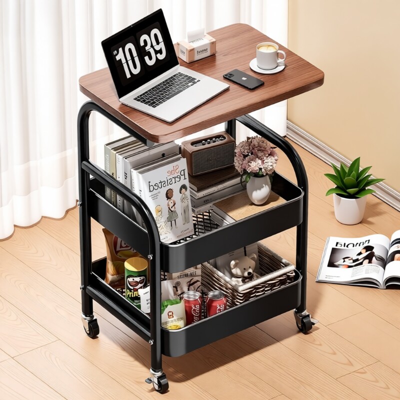 可移动置物架床头柜边几茶几零食收纳架子可折叠厨房推车床边物品