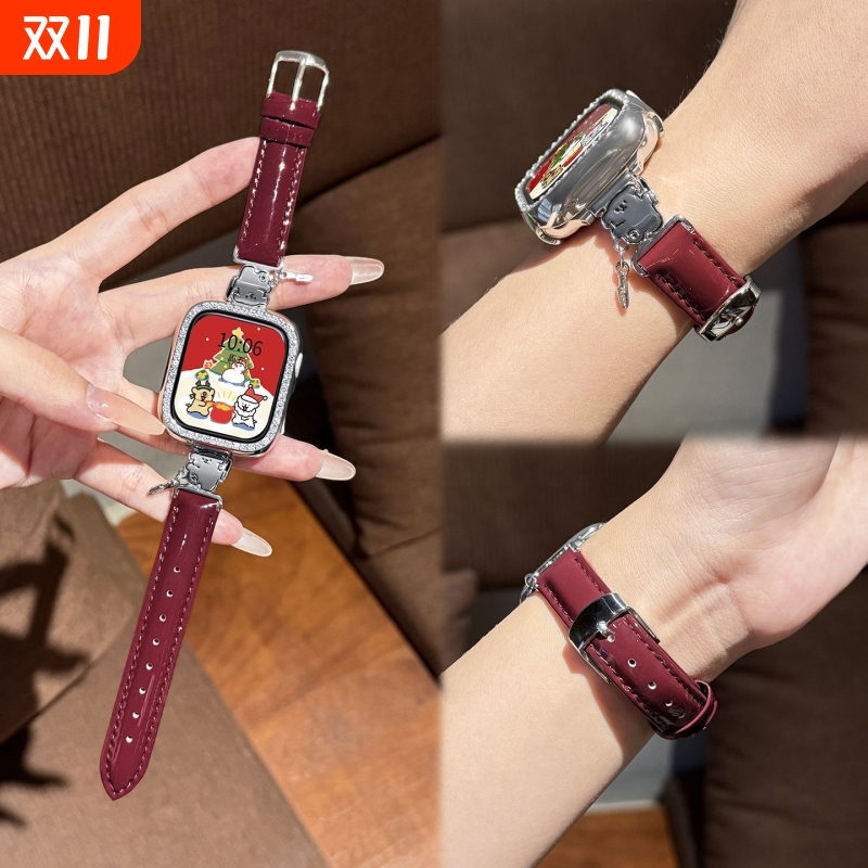 线条小狗适用苹果手表s11表带金属拼皮10/9/7小蛮腰百搭腕带6/5/4智能配件ultra1/2/3亮面秋冬氛围感