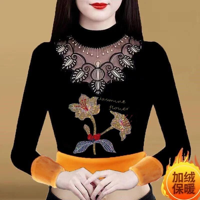 红豆保暖内衣加绒加厚蕾丝打底衫中年妈妈冬装大码烫钻半高领上衣