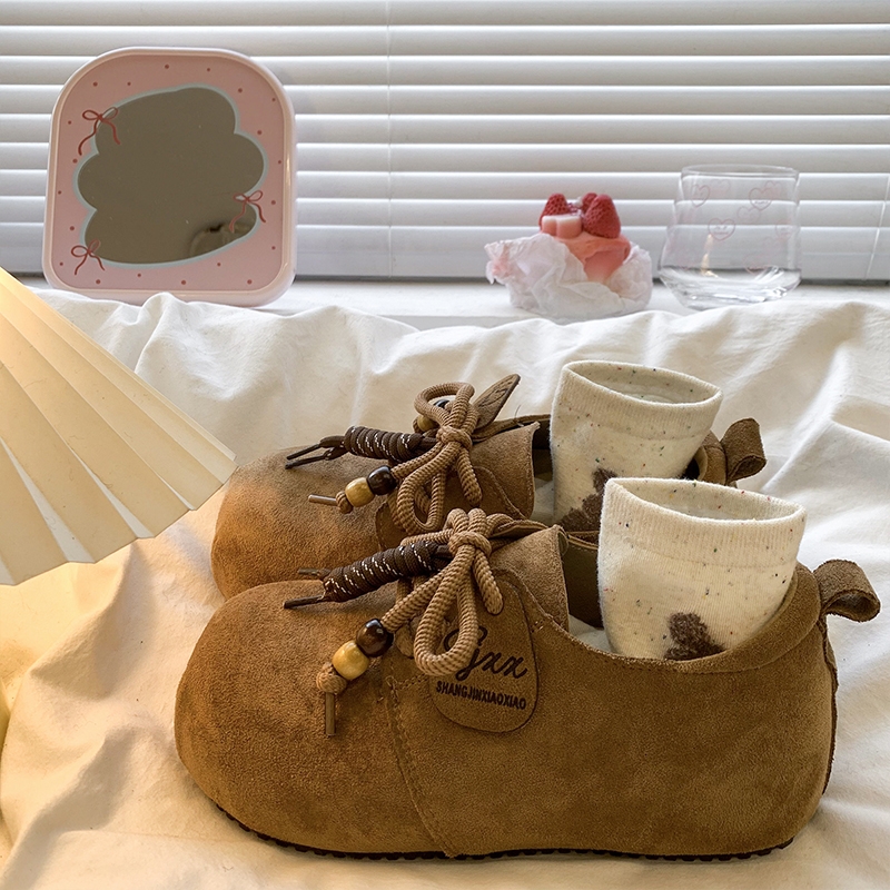 丑萌大头系带单鞋女2025秋季新款厚底内增高勃肯鞋复古串珠乐福鞋