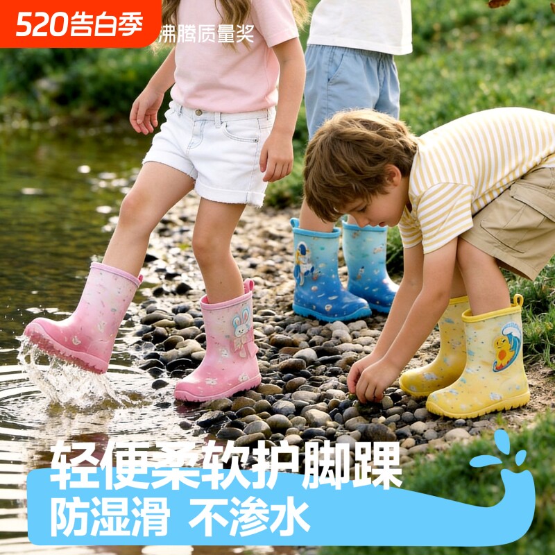 儿童雨鞋男童女童女孩小学生上学幼儿园防滑专用水鞋带灯宝宝雨靴