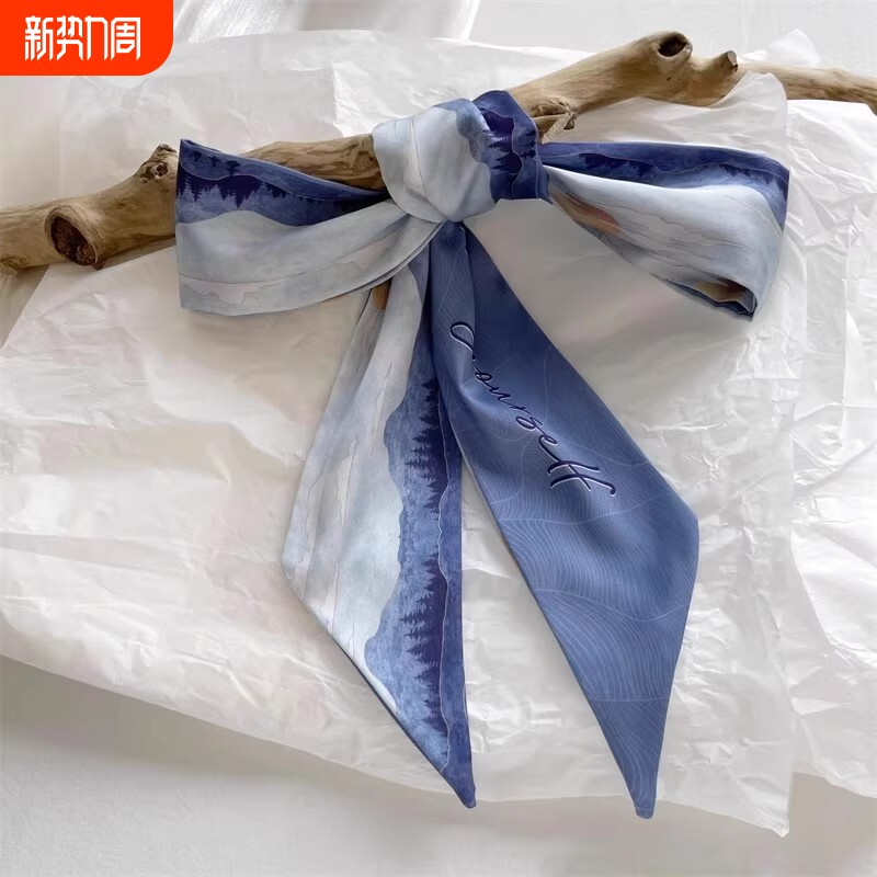 国风细窄长条小丝巾蓝色发带丝带绑发夏季春秋腰带围巾女装饰领巾