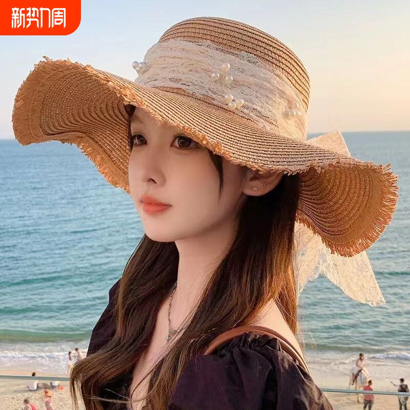 新款大蝴蝶结遮阳草帽女时尚气质大帽檐太阳帽防晒帽子手工防风