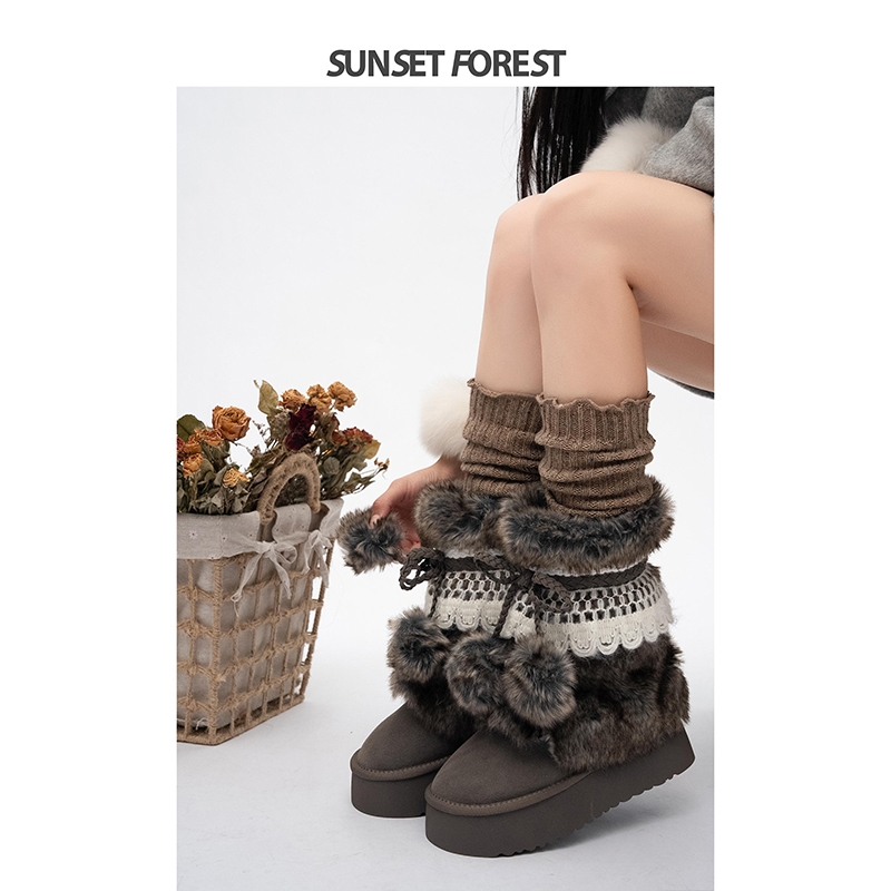 落日森林厚底增高毛毛可爱雪地靴女中筒加绒鞋棉保暖2025冬季新款