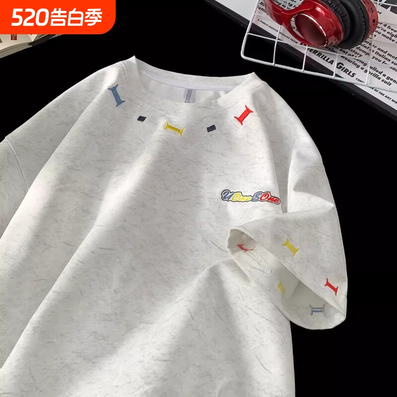 重磅刺绣T恤短袖男款夏季冰丝凉感半袖体恤上衣潮牌休闲白色流行