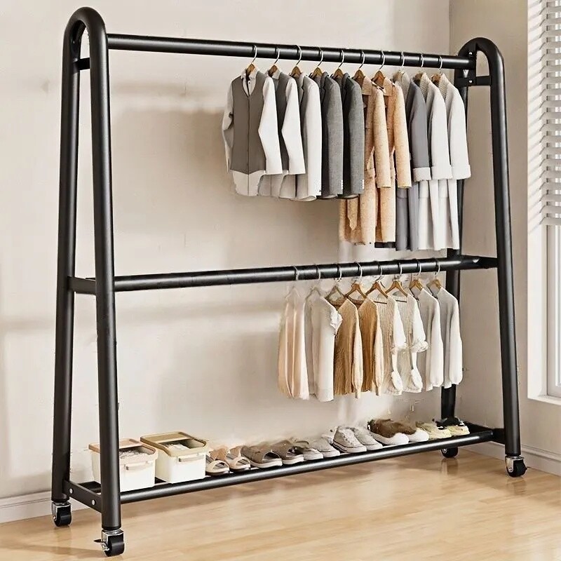 卧室双层落地衣帽架家用床边挂衣架衣服的晾衣架移动晾晒双杆钢管