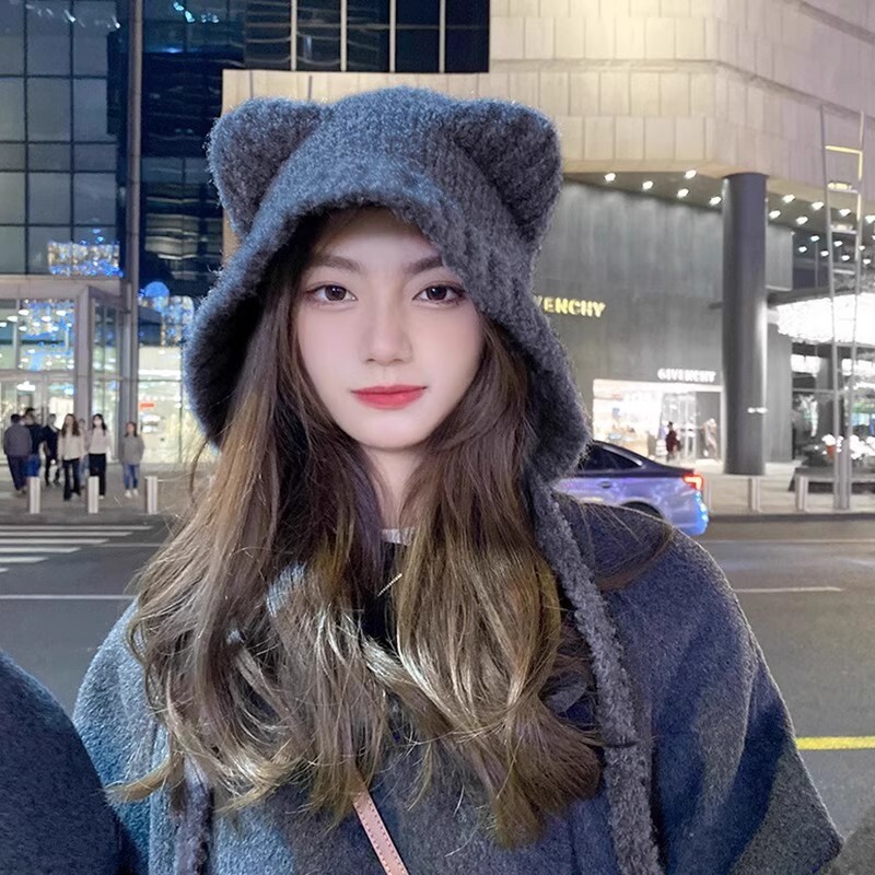 明星同款可爱小熊护耳帽女冬季加厚保暖针织毛线帽大头围毛绒帽子