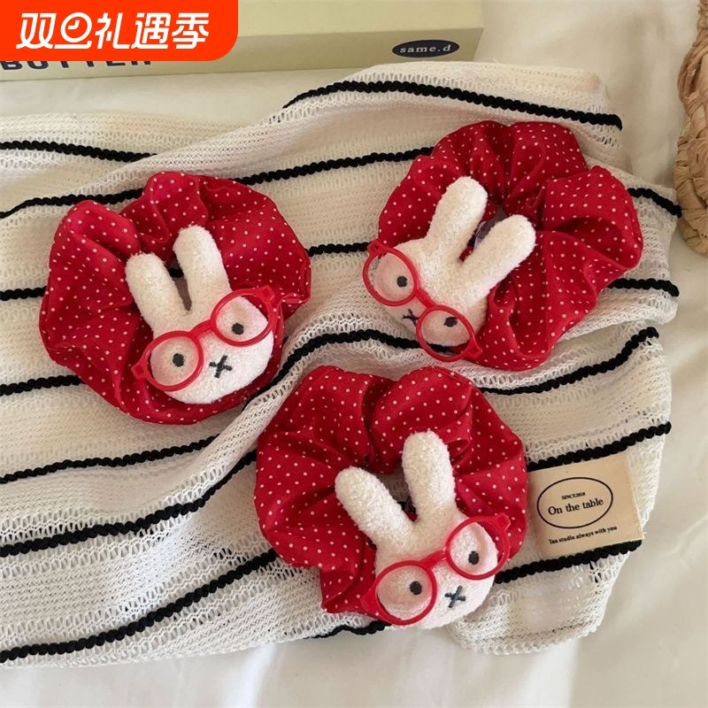 呆萌戴眼镜米菲兔显白红色波点发圈大肠圈扎马尾皮筋头绳少女心