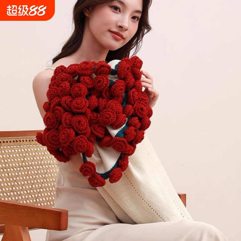 成品玫瑰花束毯子手工编织创意针织休闲毯情人节礼物送女朋友