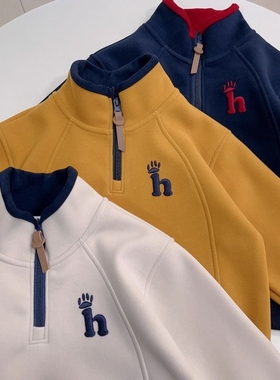 加绒加厚冬季保暖男童女童上衣卫衣加厚款亲子装半拉链姜黄色紫色