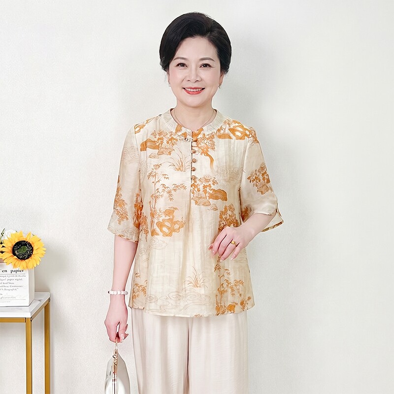 中年妈妈夏新中式国风T恤衫上衣裤子套装夏季小衫中老年女两件套