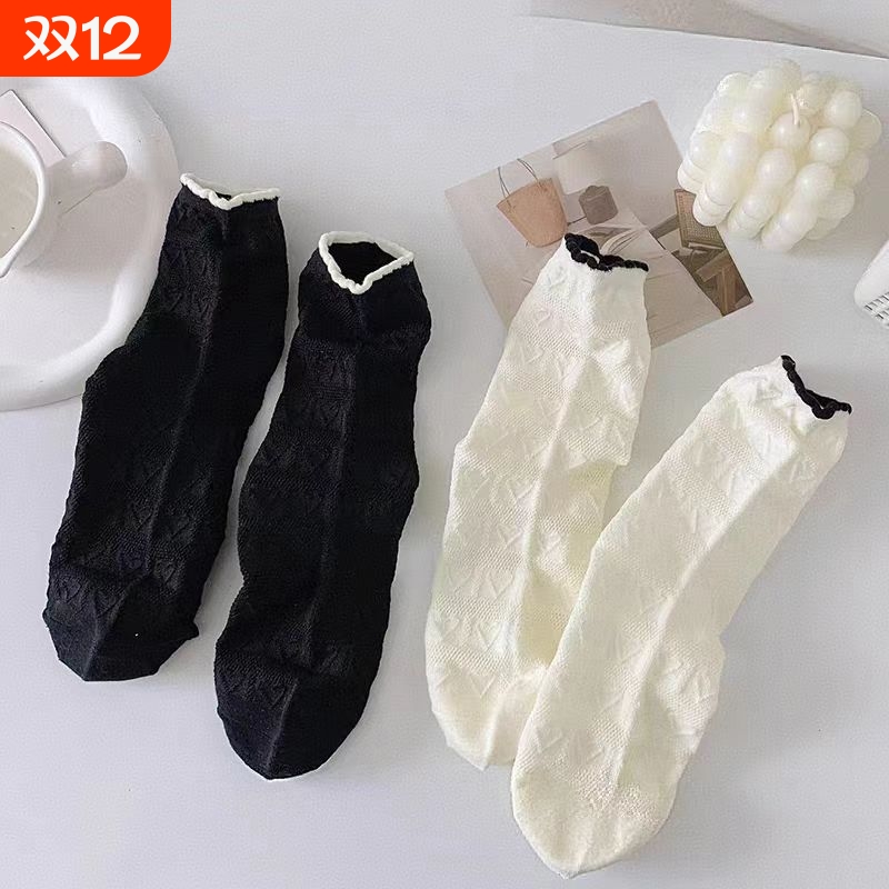 ins春夏款女袜中筒爱心花边日系jk长袜学院风甜美泡泡袜青春洋派