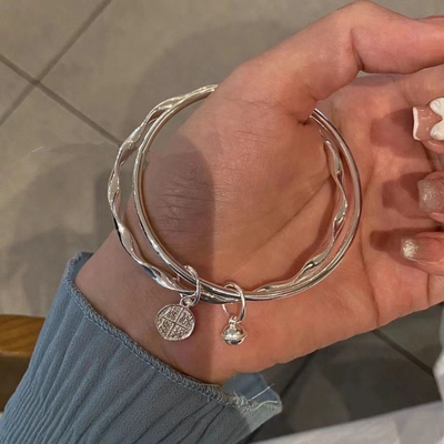 【幂琳】莫比乌斯双环银手镯女纯银9999足银平安铃铛闭口银镯子时