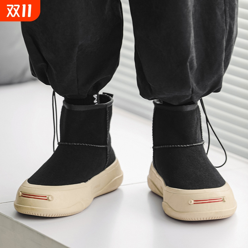 冬季加绒开口笑保暖棉鞋厚底男户外工装鞋板鞋马丁靴男雪地灰色