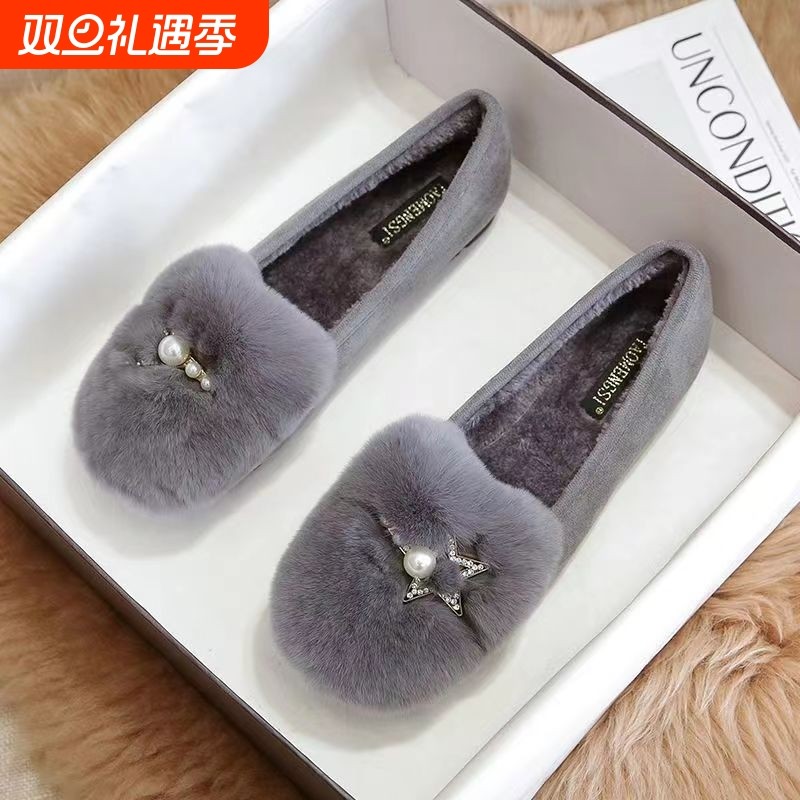 毛毛鞋女冬外穿厚底2025新款豆豆鞋女加绒厚底大码外穿孕妇棉飘鞋