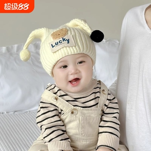 婴儿帽子秋冬季韩版可爱触角针织帽男童冬天护耳加厚女宝宝毛线帽
