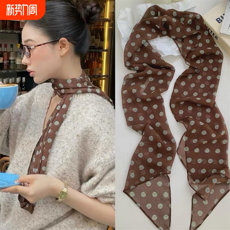 高级感波点丝巾高级棕色配饰2025新款发带细窄长条黑色白色细长