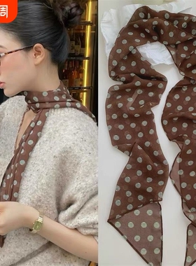 高级感波点丝巾高级棕色配饰2025新款发带细窄长条黑色白色细长