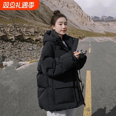 羽绒服女士冬季2025新款加厚学生面包服短款小个子连帽棉衣袄黑色