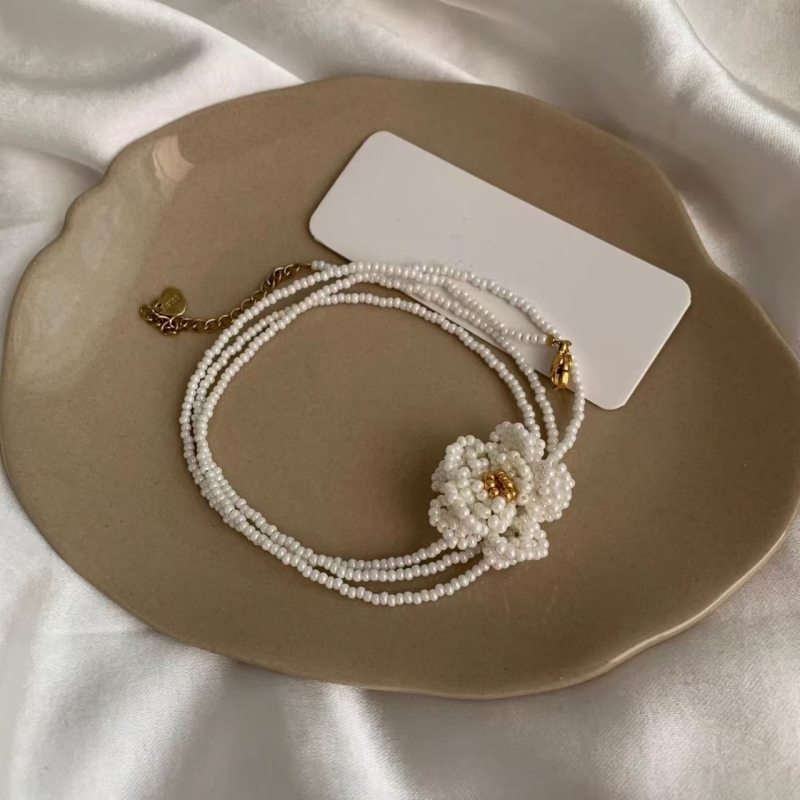 夏日海边度假风手工串珠白色山茶花颈链多层缠绕项圈锁骨链配饰品