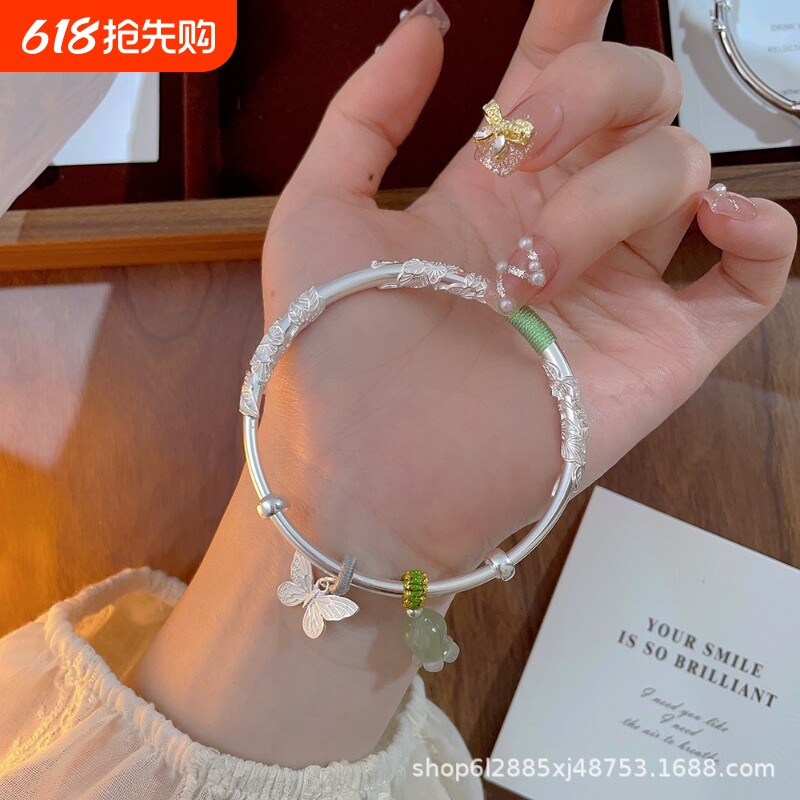 繁花似锦银手镯女小众小众镯子实心推拉开口送女友生日礼物