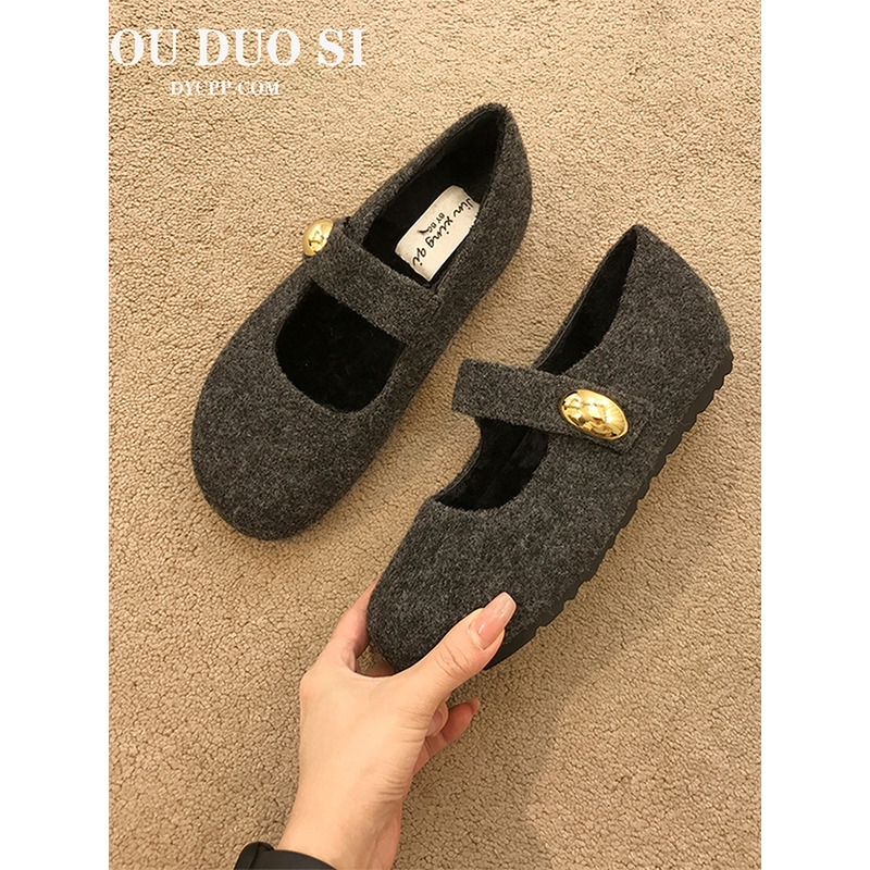 圆头复古软底毛毛鞋加绒玛丽珍鞋女2025秋冬毛呢森系内增高博肯鞋