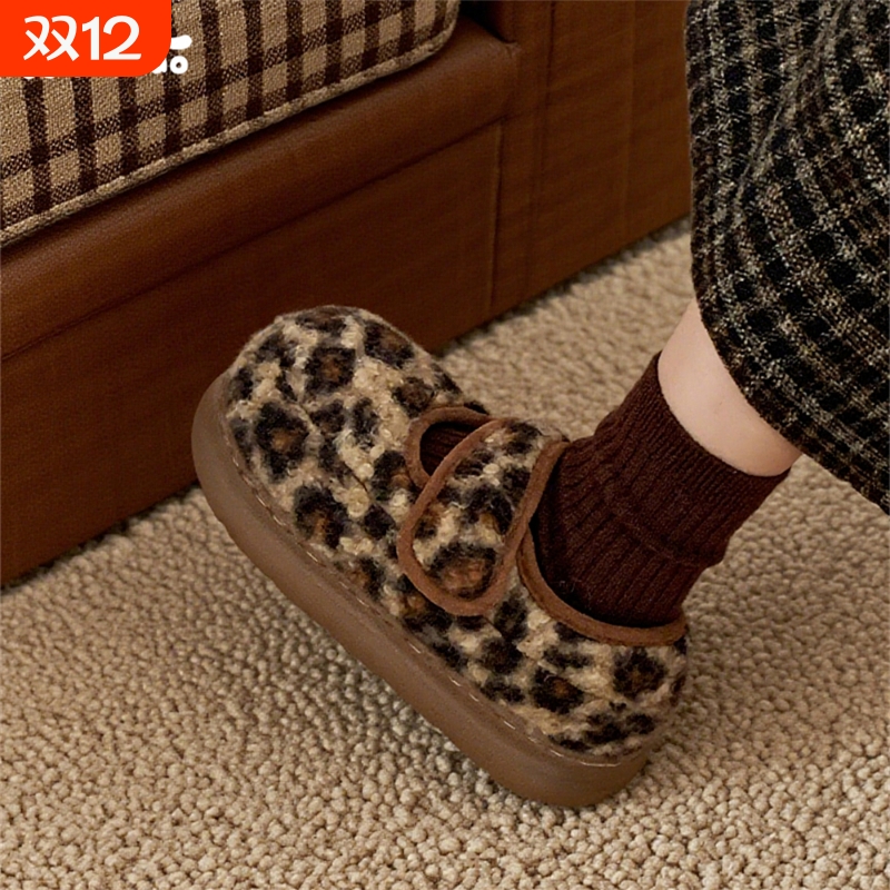 细细条时尚豹纹魔术贴面包鞋女