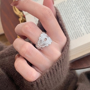 925轻奢法式复古高级孔雀羽毛拉丝戒指重工精致宫廷风时尚食指戒