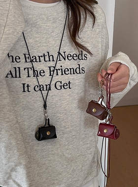 皮质项链耳机套挂件链零钱收纳小包配饰锁骨链颈链毛衣链红色