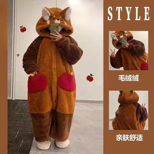 秋冬可爱小浣熊珊瑚绒睡袍女冬季加绒加厚居家服情侣睡衣绿色黑色