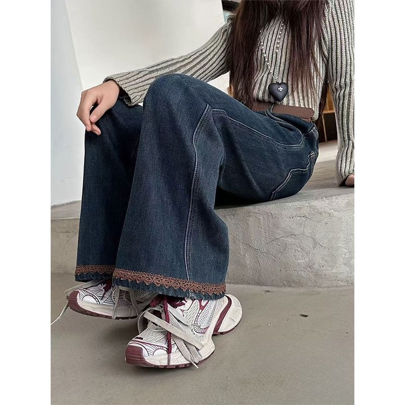 女童秋冬花边牛仔直筒裤