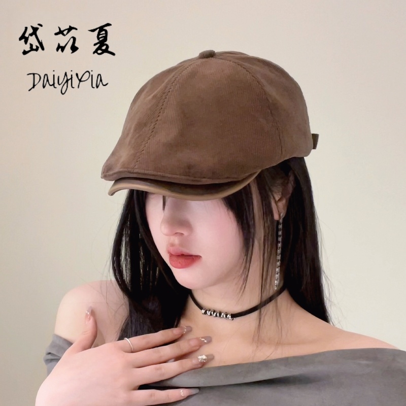 反戴春秋季出游帽子女做旧灯芯绒英伦风复古前进显脸小纯色鸭舌帽