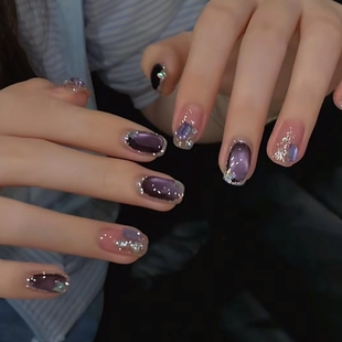 卡佩尔手工穿戴甲紫色闪粉短款美甲成品假指甲贴片高级感高级紫