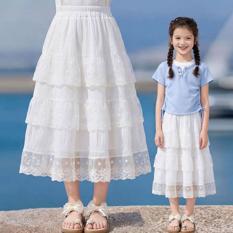 女童半身裙夏装2026新款儿童蛋糕公主裙女孩蕾丝花边白色长款裙子图片