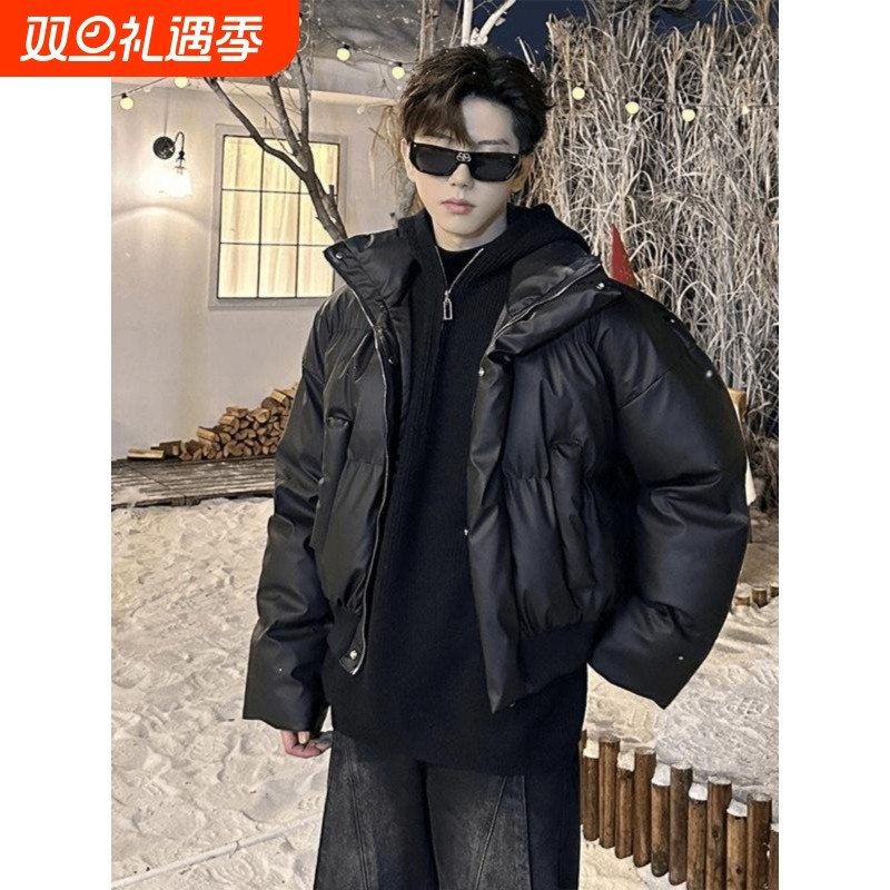 户外美式PU皮立领短款羽绒服男士加厚保暖棉服外套冬季ootd穿搭面