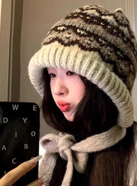 费尔岛针织帽子冬季复古秋冬季巴拉克包包保暖护耳毛线秋冬帽子女