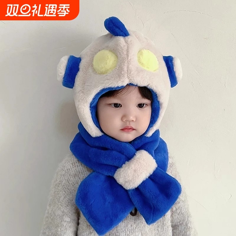 宝宝帽子奥特曼围巾一体秋冬季加厚儿童男孩针织毛线帽保暖可爱潮