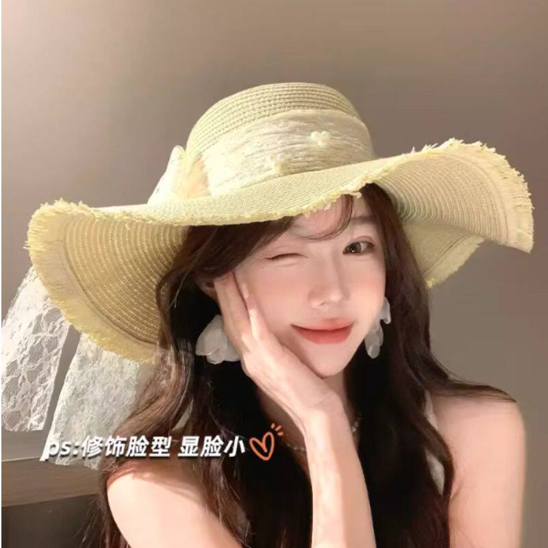 蕾丝蝴蝶结草帽女夏季海边沙滩度假遮阳防晒气质法式甜美太阳帽子
