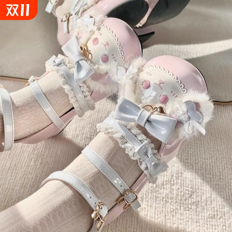 萌兔蝴蝶结低跟圆头lo鞋蕾丝洛丽塔娃娃jk平底鞋学生鞋子可爱皮鞋