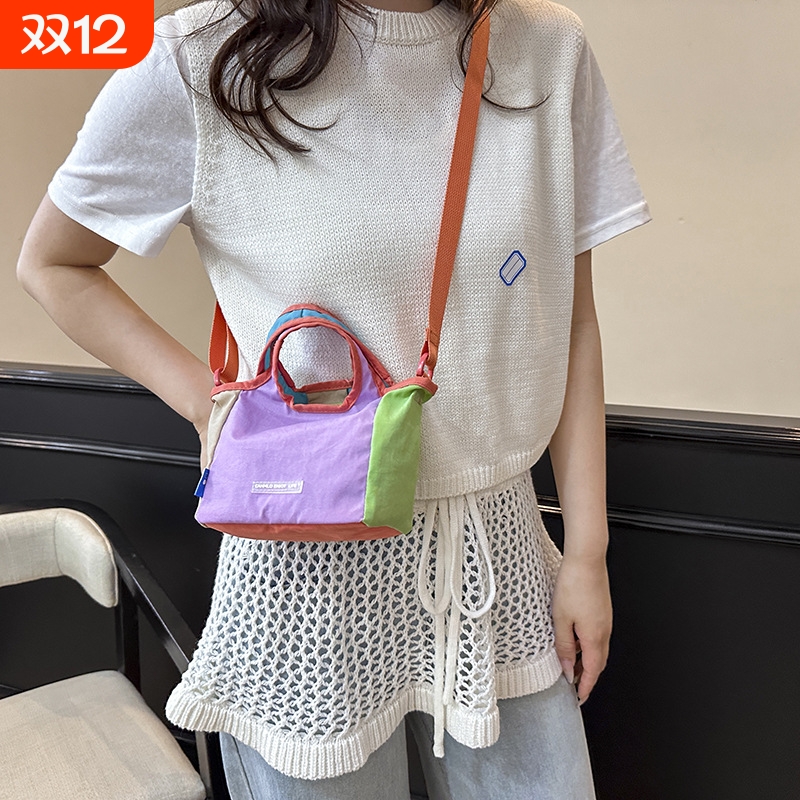 跨境新加坡迷你拼色水桶包女简约尼龙布单肩斜挎包夏季新款手提包