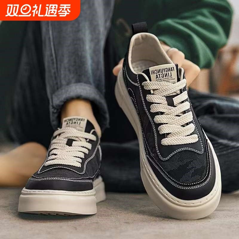 帆布男鞋秋季透气防臭黑色布鞋爆款迷彩板鞋防滑增高休闲运动潮鞋