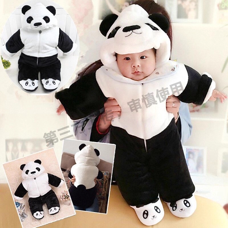 婴儿连体服秋冬宝宝可爱熊猫小熊连体衣外出毛绒罩衣珊瑚绒纯棉