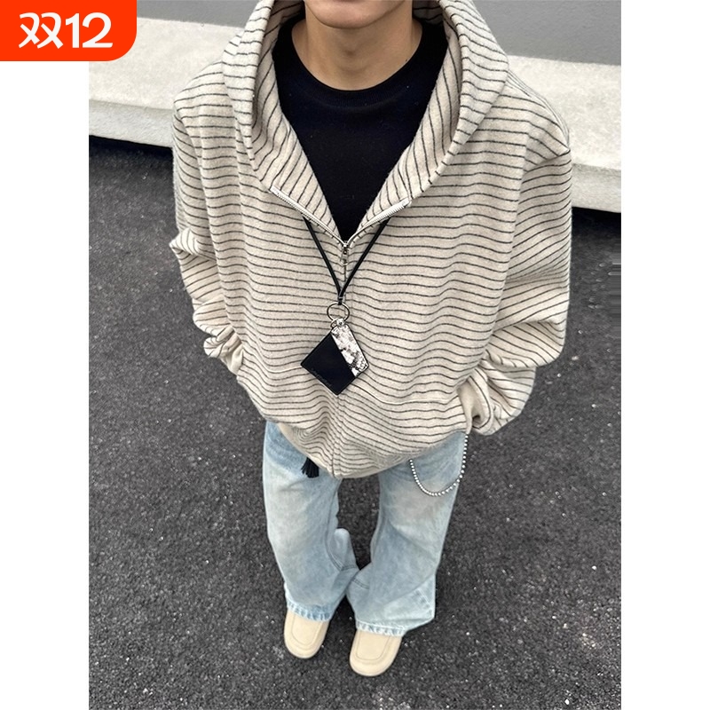 条纹连帽拉链外套男秋季慵懒风穿搭重磅情侣运动帽衫美式开衫卫衣