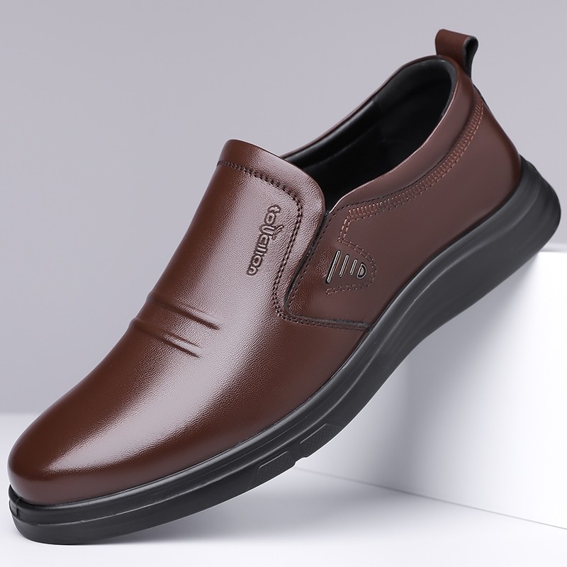 头层牛皮春秋皮鞋男士真牛皮软底防滑商务休闲男鞋套脚棕色黑色