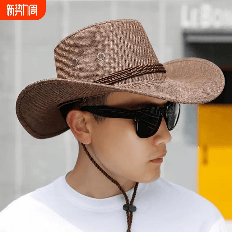 防晒西部牛仔草帽男士夏天沙滩帽户外帽子海边太阳帽遮阳帽大檐
